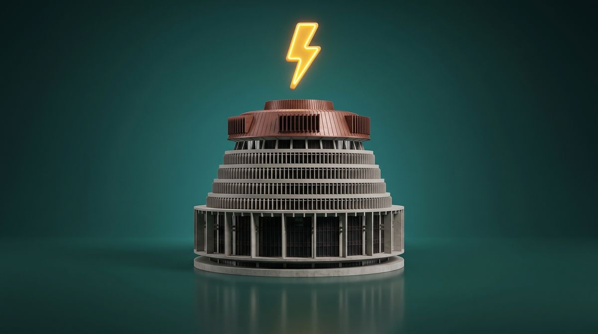 A miniature 3D Beehive parliament building beneath a glowing lightning bolt