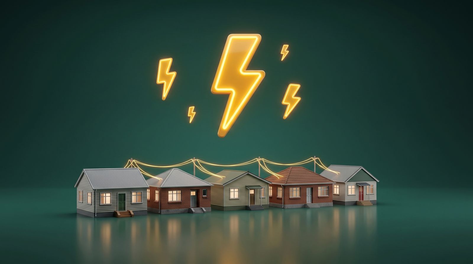 A miniature street of houses joined by glowing power lines