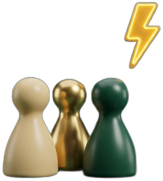 Three figurines clustered together beneath a lightning bolt