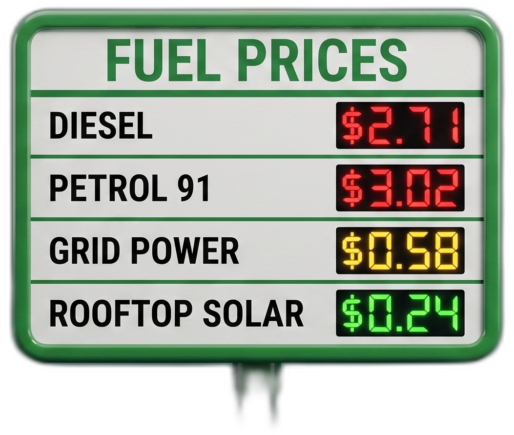 A 3D petrol-station price board comparing diesel, petrol, grid power and rooftop solar prices