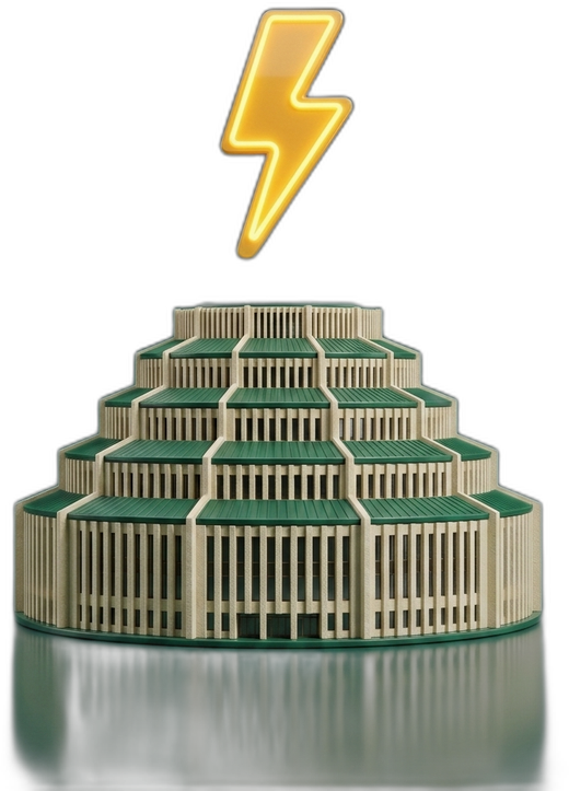 A miniature Beehive parliament building beneath a lightning bolt
