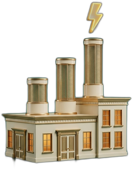 A miniature factory with chimneys of rising heights beneath a lightning bolt