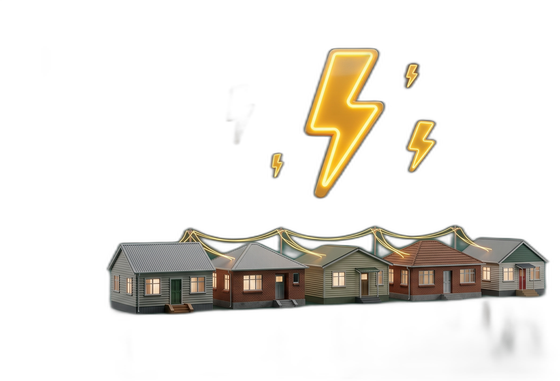 A miniature street of houses joined by glowing power lines