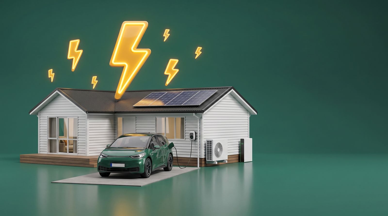 A modern New Zealand home with solar panels, heat pump, home battery and an EV charging in the driveway, rendered in a green studio with glowing bolts