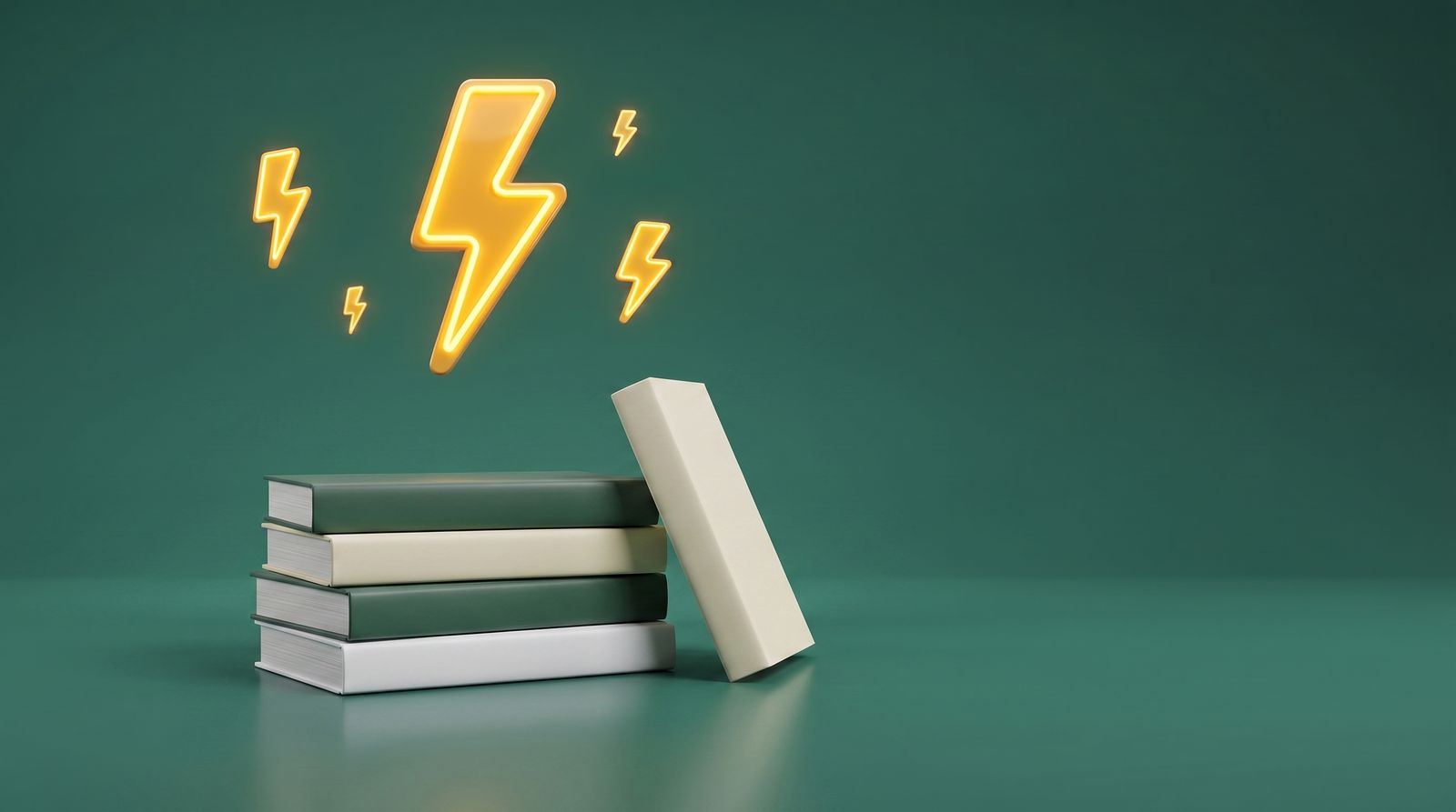 A stack of research reports beneath a glowing lightning bolt