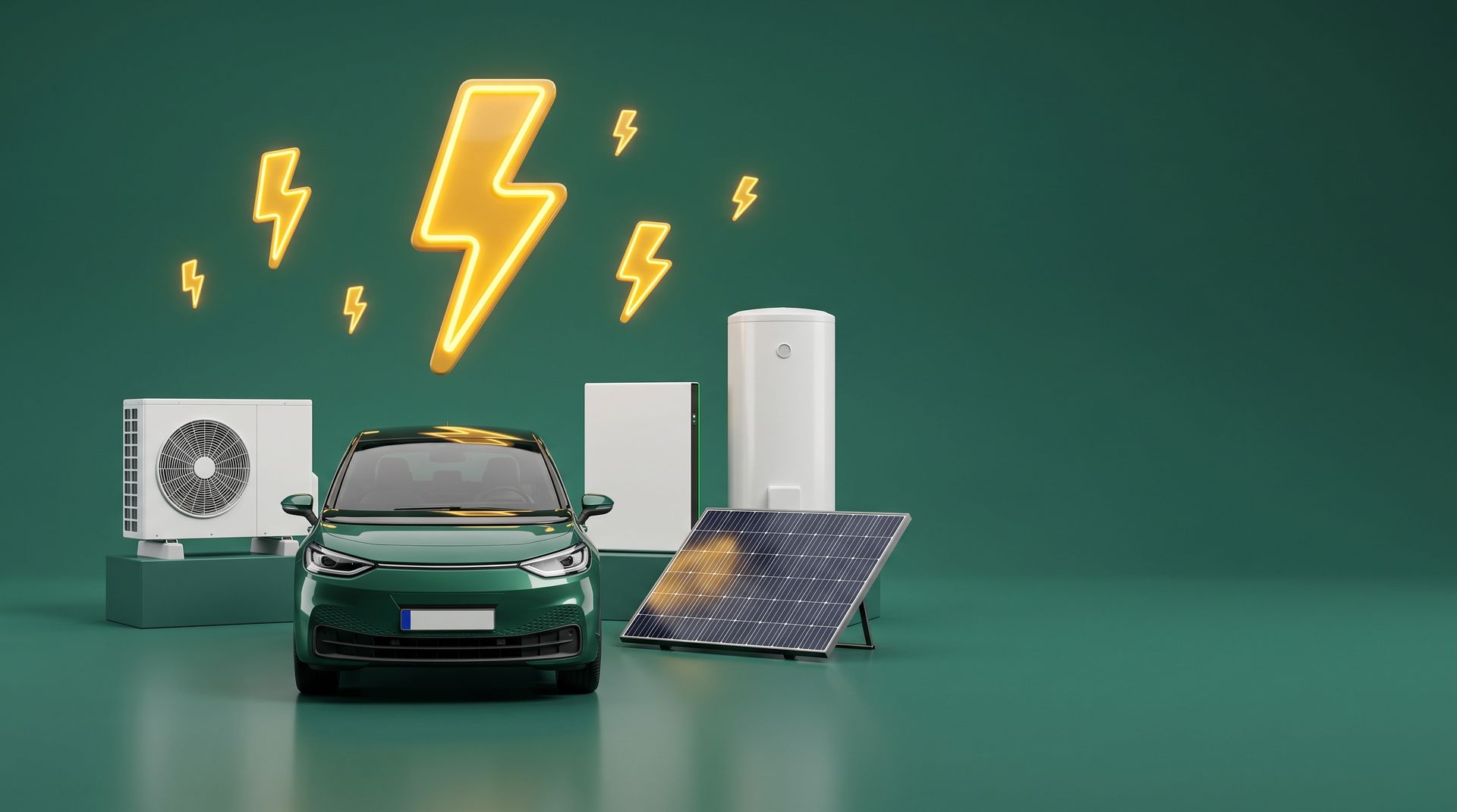 A heat pump, solar panel, electric car, home battery and hot water cylinder lined up in a green studio beneath glowing lightning bolts